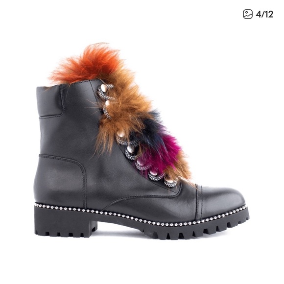 CECILIA NEW YORK Black Leather Trekker Boots with Multicolor Fur Trim - Picture 3 of 12